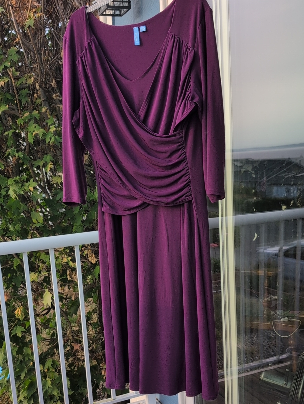 Ruched V-Neck Long Sleeve  Dress in Deep Plum PXL